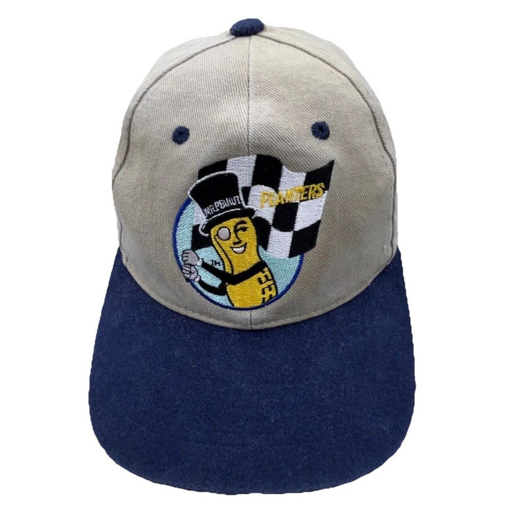 Planters Hat Cap Strap Back Tan Blue Mr Peanut Base Ball Racing Flag Y2K  Adult
